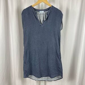 Allen Allen Small Chambray Minimalist Shift Dress V Neck Pockets Lagenlook